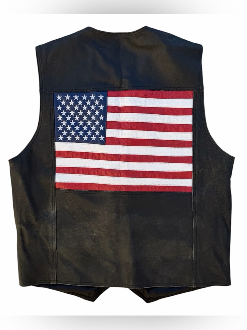 Oscar Piel Distressed Black Leather USA Flag Motorcycle Vest ~ Men’s XL